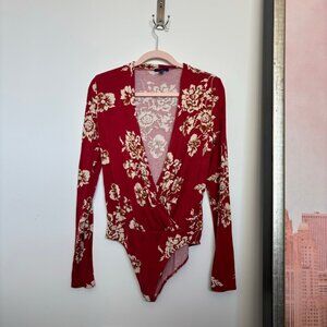 Aeropostale long sleeve wrap front red floral bodysuit, M